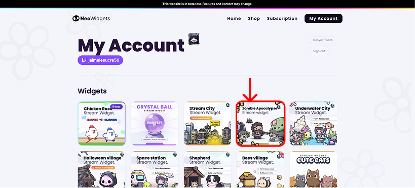 Select a widget from your account page