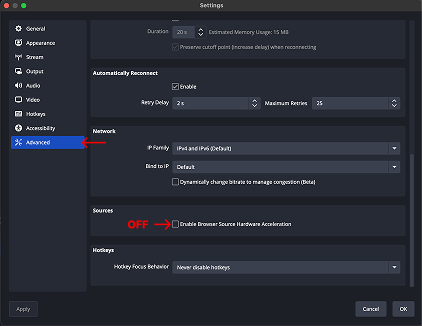 Disable Enable browser source hardware acceleration in OBS