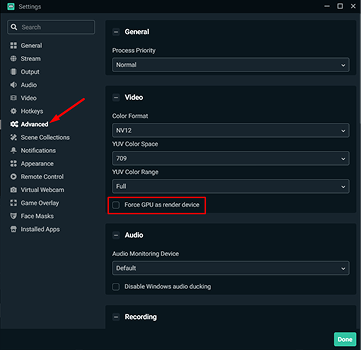 Disable Force GPU as render device in Streamlabs
